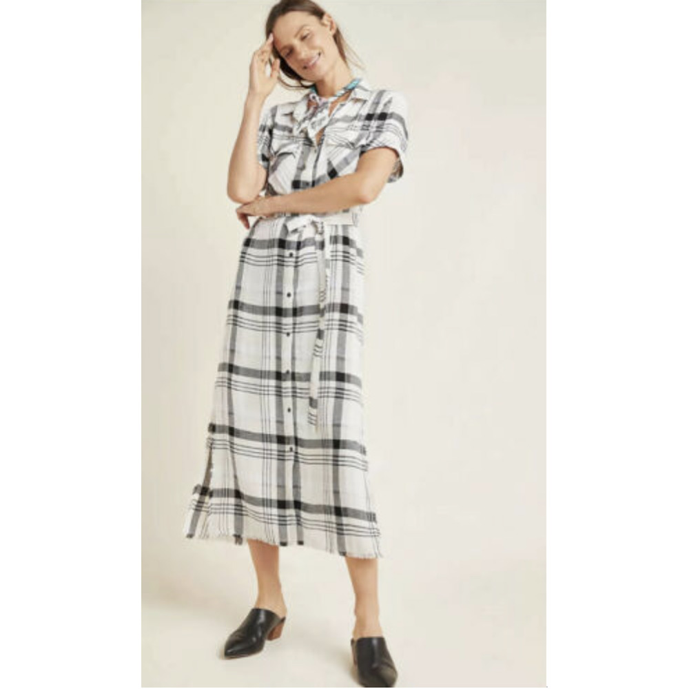 Anthropologie Cloth & Stone Hannah Midi White Plaid Button Down Shirt Dress Sz S